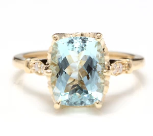 3.08 Carats Natural Aquamarine and Diamond 14K Solid Yellow Gold Ring - Picture 1 of 7