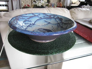 13" Studio Art Pottery Bowl Hand Painted Glazed Signed Abstract Blue - Picture 1 of 10