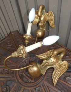 Antique pair italian wood carved gold gilt Eagle bird wall lights sconces rare - Picture 1 of 10