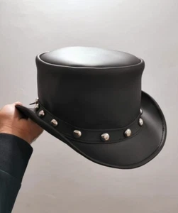 Sombrero de copa Western de cuero negro genuino banda gótica Steampunk para motocicleta - Imagen 1 de 13