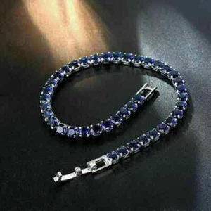 8Ct Round Cut Lab-Created Blue Sapphire Tennis Bracelet 14K White Gold Plated - Picture 1 of 3
