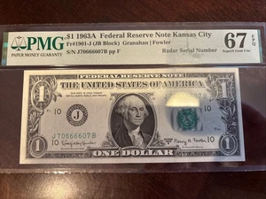 $1 1963 San Fran Federal Reserve Radar Serial Number Note PMG 67 EPQ 70666607 - Picture 1 of 4