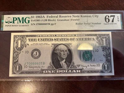 $1 1963 San Fran Federal Reserve Radar Serial Number Note PMG 67 EPQ 70666607 - Image 1 of 4