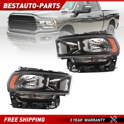 Pair Black Halogen Headlights For 2019-2024 Ram 2500 3500 W/ Full Bulb Foto 1 de 4