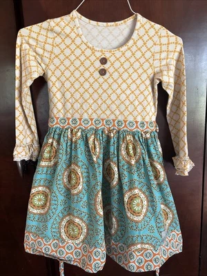 Eleanor Rose Girls' Dress 8-10 Boho Teal Orange Print - Image 1 of 4