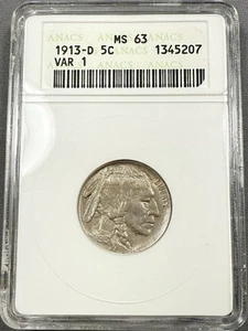 1913-D Buffalo Nickel 5c - ANACS MS63 Type 1 - Old Holder PQ - Picture 1 of 2