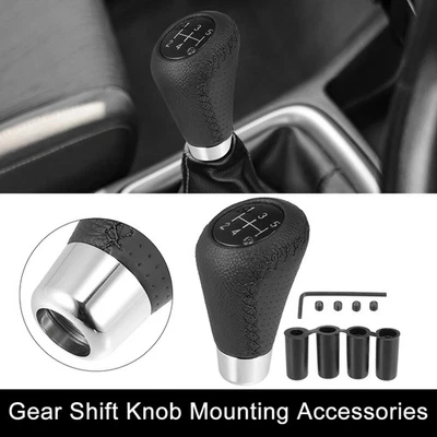 Black Universal 5 Speed Car Gear Shift Knob PU Leather with Hole Black Stitches - Image 1 of 4