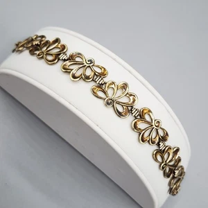 VINTAGE SYMMETALIC STERLING & 14K YELLOW GOLD FLOWER LINK BRACELET USA MADE - Picture 1 of 6