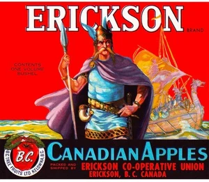 ERICKSON Brand Canadian Apples Original Fruit Crate Label  Erickson, B.C. Canada - Picture 1 of 1