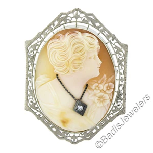 Large Vintage 14K White Gold Carved Shell Cameo w/ Diamond Filigree Pin Brooch - Picture 1 of 5