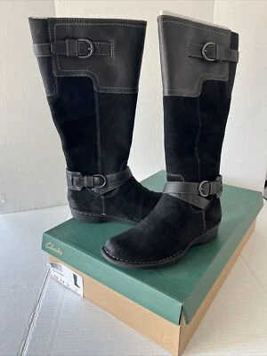 Botas femininas Clarks Whistle tecido 8,5M couro preto camurça zíper fivela joelho alto - Imagem 1 de 4