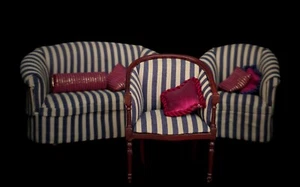 Dollhouse Miniature Upholstered Navy Striped 3-Pc Living Room Set Early BESPAQ - Picture 1 of 12