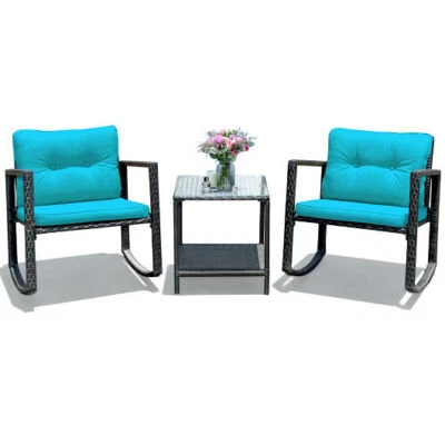 3 Pcs Wicker Rocking Bistro Set with Glass Coffee Table and Storage Shelf-Blue - - Image 1 of 4