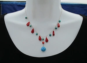 Collar Artesanal Piedra Mixta 16" Jaspe Turquesa Facetado Azul Gota 925 Cadena - Imagen 1 de 8