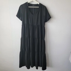 Lulus Lovely to Meet You Black Short Sleeve Tiered Midi Dress size S - Picture 1 of 7