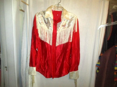 Camisa Western Vintage con Flecos S Rojo Blanco Acetato Tejido Lentejuelas Broches Como Está Foto 1 de 4