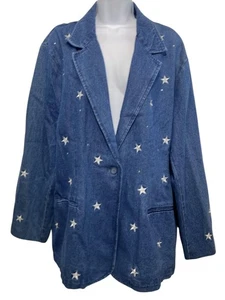 Quacker Factory Jacket Womens 2XL Denim Star Embroidered Rhinestone Blazer Coat - Picture 1 of 13