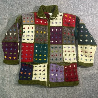 Suéter Nativo Inca Mujer Grande/XL Verde Retazos Cárdigan Cremallera Bolsillo Lana Foto 1 de 4