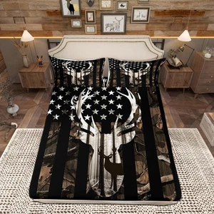 Rustikales Hirsch Spannbettlaken Twin Size, Hirschgeweih Bäume Blätter Ast Druck Ma... - Bild 1 von 8