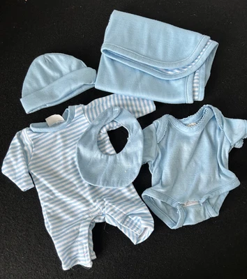 Berenguer Boutique babydoll clothes lot 5-piece set bib blanket hat 2 rompers - Image 1 of 4