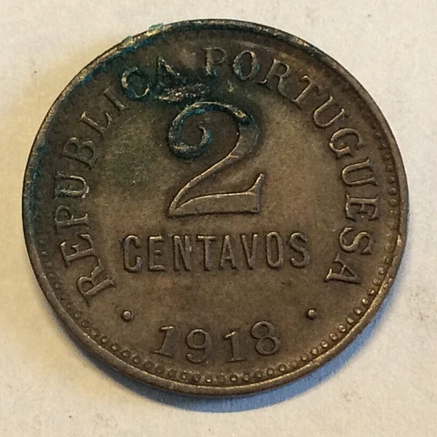 Portugal 2 Centavos 1918 Bronze As Shown Cover