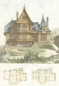 Architecture Plan Maison à Étretat - Huchon Lithographie originale XIXe - Picture 1 of 2