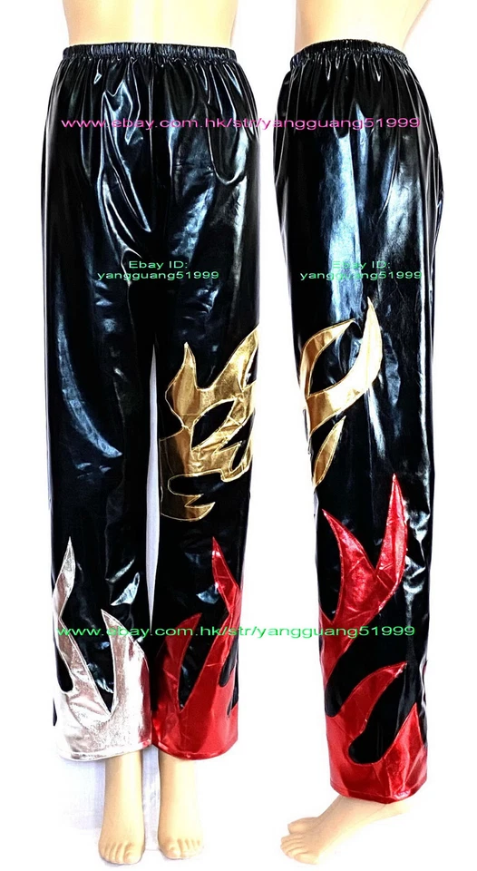 Black Shiny Metallic Men Flame Tights/Pants Unisex Wrestling Pants Trousers F875 - Image 1 of 1