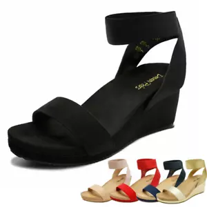Women Elastic Ankle Strap Open Toe Platform Wedge Sandals Shoes - Picture 1 of 29