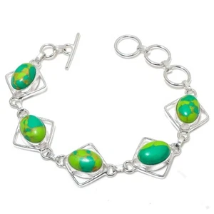 Green Turquoise Gemstone Handmade 925 Sterling Silver Bracelet 7-8" - Picture 1 of 1
