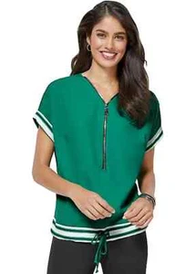 Womens Zip Front Tie Bottom Short Sleeve Stripes Blouse Green Size Uk 20 - Picture 1 of 7