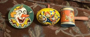 3 Vtg 1950s Metal Tin Noise Makers Clown Motif Children - Picture 1 of 13