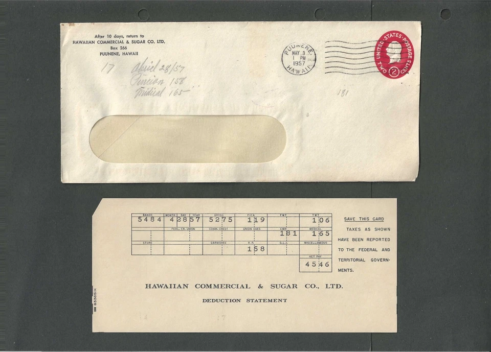 1957 Hawaiian Comm'l & Sugar Co Puunene Hi W/Tax Bill Statement Enclosed - Image 1 of 1