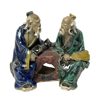 Vintage Chinese Shiwan Mudman Two Wise Men Glazed Clay Art Pottery - Image 1 of 4