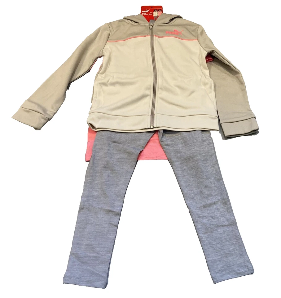 Puma Conjunto de 3 Piezas Camiseta Rosa Gris Cremallera Completa Sudadera con Capucha y Leggings Atléticos NUEVO Niña 6 Foto 1 de 4