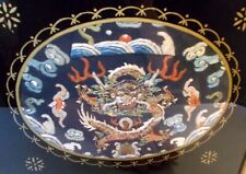 Antique CHINESE China TEXTILE Embroidery DRAGON BATS Gold Thread Framed Eglomise