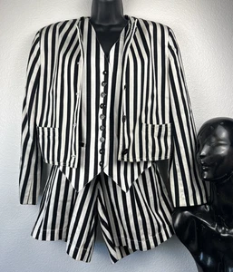 Chaleco con botones LizSport vintage ~ Blazer ~ Conjunto de pantalones cortos a rayas blancas y negras 4/6 - Imagen 1 de 24