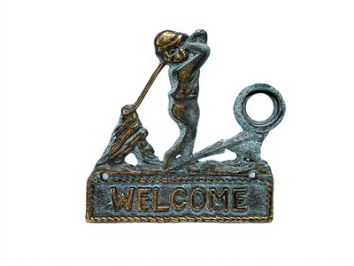 Vintage Solid Brass Verdigris Golfer Doorbell Button Accent Welcome Sign - Image 1 of 4