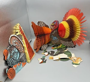 Vintage Thanksgiving Honeycomb 3 Turkey Centerpieces Lot 4 Piece Cat Mouse Set - Picture 1 of 9