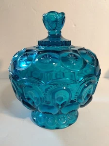 Vintage LE Smith Glass Moon & Stars Turquoise Compote *Chippy Lid & Perfect Base - Picture 1 of 14