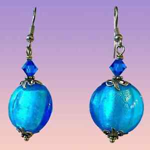 Blue Dichroic Murano Glass Drop Dangle Round Earrings Silver 