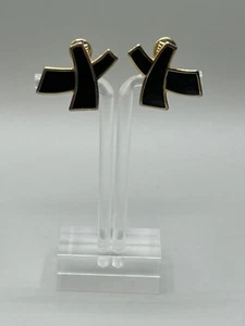 Vintage Monet Clip-on Earrings Gold & Black Enameled X 1980s Statement Jewelry - Picture 1 of 8