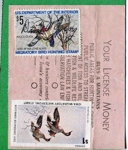 Licencia de caza de residente IOWA 1974 con RW41 + sello estatal de pato - 597 - Imagen 1 de 2
