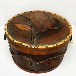 Vintage Folk Art Bentwood Banded Wooden Box Primitive  Lidded Twigs Leaves  - Picture 1 of 10