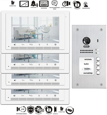 Vierfamilien Sprechanlage 4-Familienhaus Videogegensprechanlage 2 Draht Bus - Bild 1 von 4