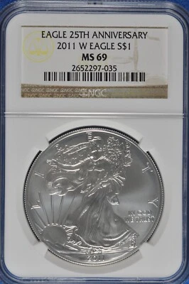 2011 W Burnished 1 OZ Silver American Eagle NGC MS 69 25th Anniversary - Image 1 of 2