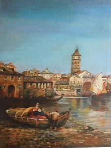 ÖLGEMÄLDE CARL EBERT 1885 " SÜDLÄNDISCHE FISCHERDORF " - Bild 1 von 6