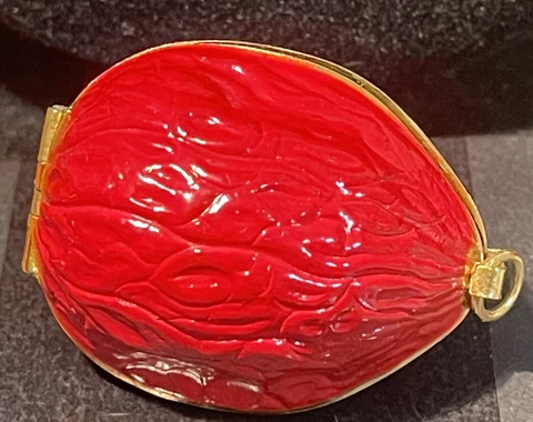 Antique Red Enamel Walnut Shape Pendant Sewing Kit Thimble Holder Cover