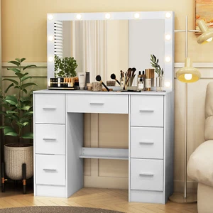 Bedroom Vanity Makeup Table Dressing Desk With 11 LED Lighted Mirror,7 Drawers - Picture 1 of 12