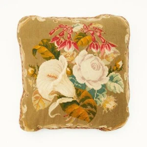 Large Wool Needlepoint Floral Pillow Cushion w Suede Backing 23" Square C - Picture 1 of 5