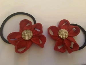 2 Hair Bands ribbon looped flowers RED - Picture 1 of 1